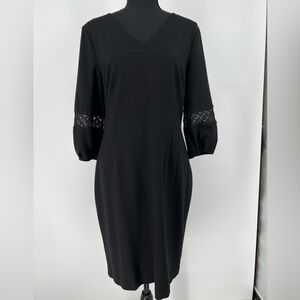 TALBOTS BLACK DRESS 3/4 SLEEVES‎ W/LACE VNECK BACK ZIPPER SOFT FABRIC W/STRETCH
